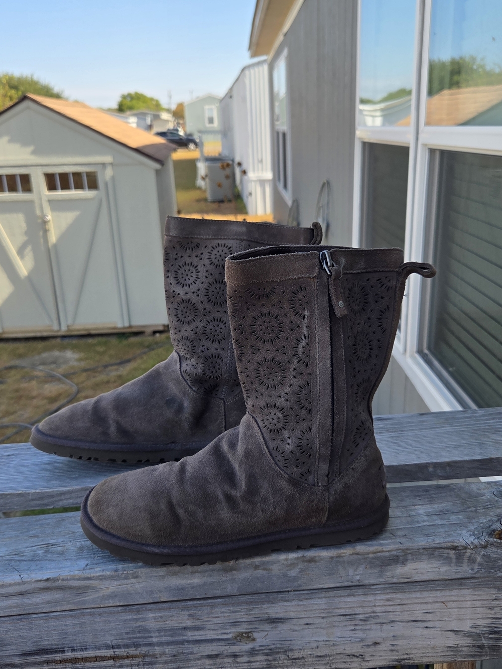 UGG Gray Suede Mid-Calf Boots with Laser-Cut Detail